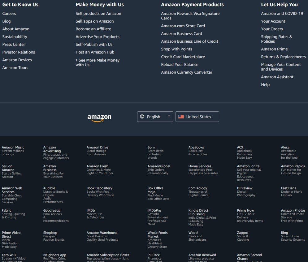 amazon website footer example seo